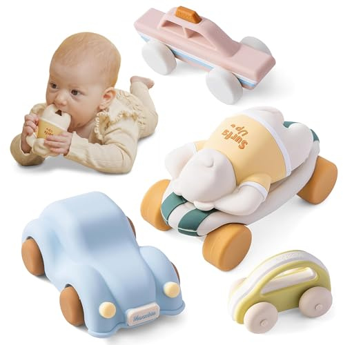 Moonkie Surf & Go Leksaksbilset(5 st), Mjuka Leksaksbilar i Silikon, Present till Bebisar, Småbarn & Barn, Bitleksaker för Pojkar & Flickor Från 6 Månader, BPA-fria, Leksaksbilar för Hemmet & Resan