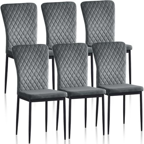 JaHECOME 4er Set Esszimmerstühle mit Samt-Bezug, hoher Rückenlehne, Gitter Leichtbau Design, Essstuhl mit Metallbeine, für Esszimmer Küche Wohnzimmer (6, grau)