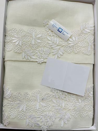 Corredocasa Coppia Asciugamani in Puro Lino Ricamati a Mano – Set Asciugamano e Ospite Elegante Stile Vintage, Artigianato Italiano, Disponibili in 3 Colori per Bagno Raffinato (Bianco)