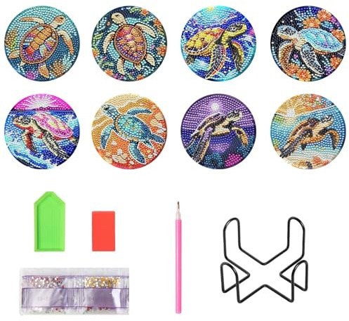 Pawsautomotively 8 Stück Diamond Painting Untersetzer, Schildkrötenmuster, Hölzernes, mit Halter und Diamant-Tasche, DIY Handgefertigt Kunsthandwerk, für Anfänger, Erwachsene und Kinder