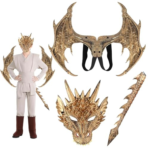 Taechalingo Drachenkostüm, Drachenflügel Schwanz Masken Set, Drachenflügel, Halloween Drachen Maske, Dinosaurier Cosplay Set für Halloween Party, Karneval