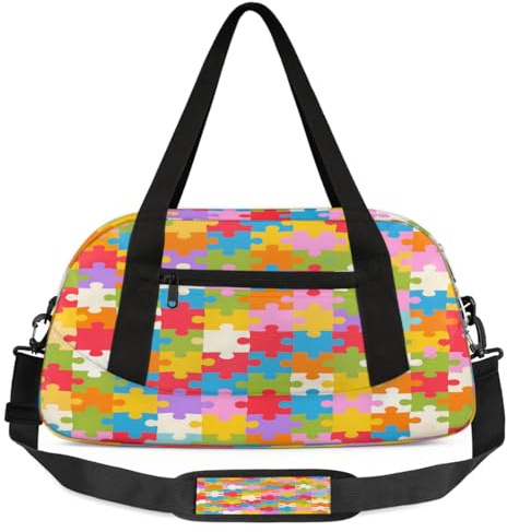 Kinder-Seesack mit Autismus-Puzzle-Muster, klein, leicht, Reise-Sporttasche für Jungen und Mädchen, Wochenendtasche, Fitnessstudio, Handgepäcktasche für Schule, Sport, Übernachtung