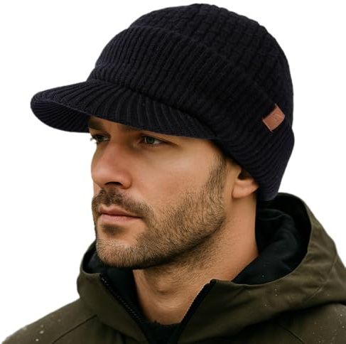 TOP-EX PolarWool™ 100% Merino Wool Peaked Beanie Hat Men Women with Fleece Lined, Winter Thermal Golf Visor Beanie Hat for Cold Weather, M-XXL