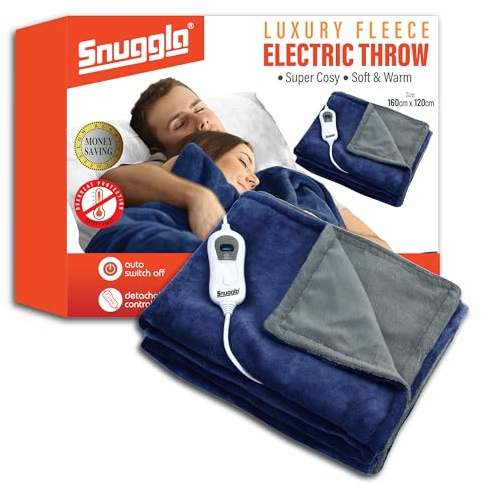 Electric Heated Blanket Throw Soft Cosy Large Fleece Over Blanket with Auto Off Timer 3 Heat Settings Detachable Controller & Machine Washable Navy/Grey 160x120cm