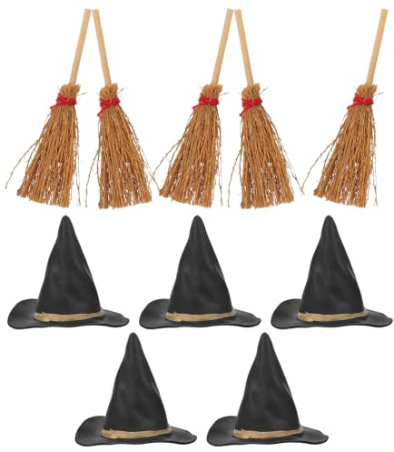 ifundom 10 Teiliges Halloween Deko Mini Hexenhüten und Besen Leichte Kunststoff Holzmaterialien Wiederverwendbar für Basteln Partys und Saisonale Hexen Kostüme
