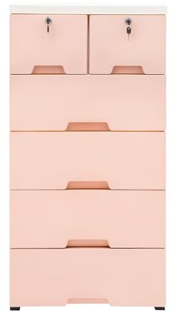 Mobil förvaringsskåp med 6 lådor – praktisk lådförvaring av PP-material, rosa 50 x 35 x 102 cm, låsbart och med hjul för sovrum, vardagsrum och barnrum