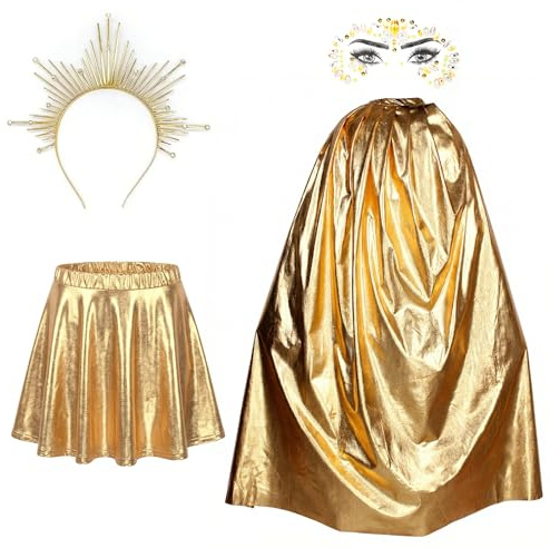 PANMAY Sonne Kostüm Gold Cape Metallischer Faltenrock Glitzer Rock Haarreif Sonnengöttin Kostüm Damen Halloween Mottoparty Cosplay