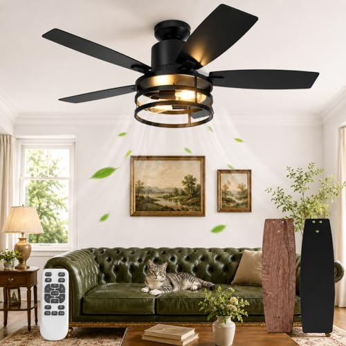 HEMVOR 112cm Deckenventilator mit Beleuchtung Doppelseitige Flügeln, Leise Deckenlampe mit Ventilator, Fernbedienung Timer, 6 Geschwindigkeiten DC Motor Umkehrbar, 2700K, für Schlafzimmer Wohnzimmer