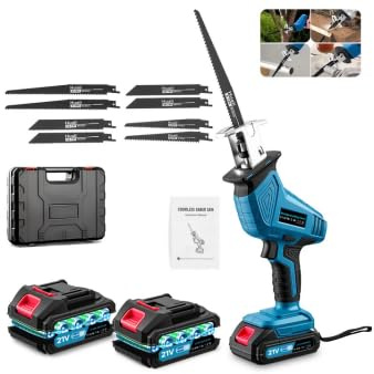 RugoTech Scie sabre sans fil 21V – Moteur brushless, vitesse variable 0-4000 tr/min, 2 batteries 2.0Ah, 8 lames, éclairage LED et chargeur rapide. Idéale pour bois, métal et PVC – Couleur Bleu.