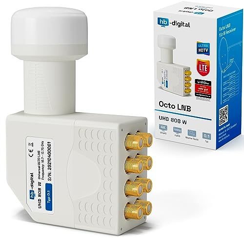 hb-digital Octo LNB (Test SEHR GUT *) LNC Kopf für 8 Teilnehmer Multiswitch Direkt LTE Protected Satelliten Digital Sat Full HD TV 3D 4K UHD Kontakte vergoldet Wetterschutz Weiß