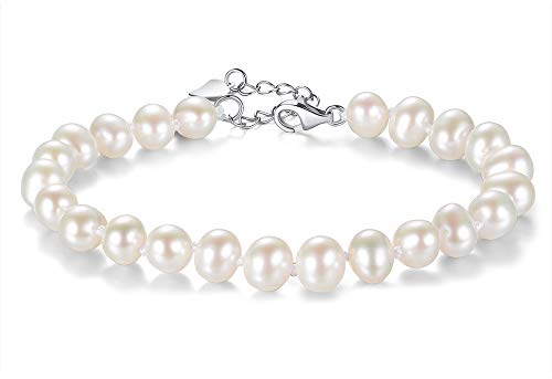 VIKI LYNN Perlenarmband Damen Hochwertige AAA Süßwasser-Zuchtperlen in ca. 7-8 mm Oval weiß 925 Sterling Silber Damen-Armband in Länge in ca. 17 +3.5 cm