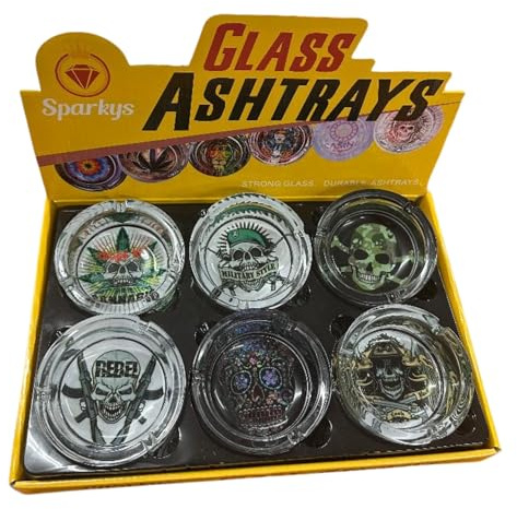 6Pcs Glass Ash Tray for Cigarettes, Cigars and Smoking Perfect for Pubs, Novelty print theme indoor/outdoor premium glass ashtray, ash-tray, ash-trays