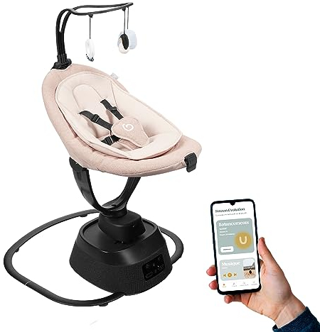 Babymoov elektrische Babyschaukel Swoon Evolution Connect Mocca - mit Smartphone App - Musikstreaming, Aufnahme und Abspielen von personalisierten Melodien - 360° rotierbarer Sitz