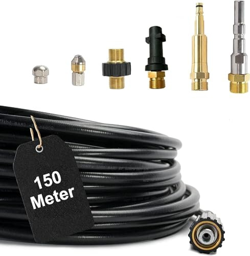 150 Meter - M&M Smartek – 7-teiliger Rohrreinigungsschlauch 160bar für Kärcher, Nilfisk Hochdruckreiniger AG M22 x 1,5 IG & Bajonett & KEW Adapter & 2x rotierende Düsen & Quick Connect 150 Meter