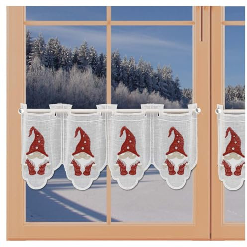 artex deko Winter-Feenhausgardine Kleine Wichtel mit Stickerei in rot-beige bestickte Scheibengardine Advent Leinenoptik 20 x 112 cm