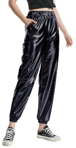 Metallic Hose Damen Hologramm Jogginghose Wet Look Sweatpants Hip Hop Lackleder Jogger Mode Freizeithose Metallic Glänz Trainingshose Hohe Taille Sporthose Party Disco Tanzhosen Glitzer Clubwear