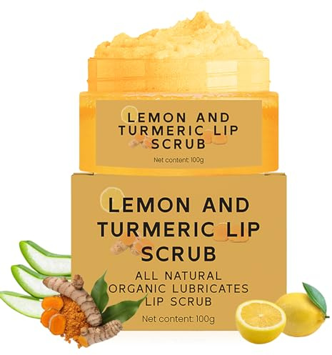 Natural Turmeric Lemon Lip Scrub for Dark Lips, Turmeric Lemon Lip Exfoliator Nourishing Sugar Lip Scrub with Aloe Vera Gentle Exfoliant for Dry and Chapped Lips Hydrates & Fade Lip Lines 100g