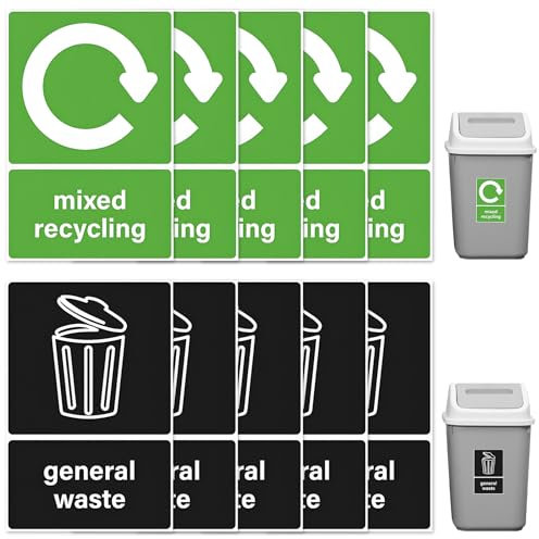 Recycling Bins Stickers Pack of 10 Self Adhesive Vinyl Waterproof Decals for General Waste & Mixed Recycling 150 × 100 mm Removable Signs for Outdoor Bins Kitchens Schools Offices Pubs