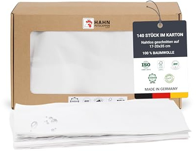 Hahn Putzlappen® Lot de 140 rouleaux de papier essuie-mains, blancs, 17-20 x 35 cm, absorbants et durables, pour atelier, maison et voiture, 100 % recyclé, 100 % coton, fabriqués en Allemagne