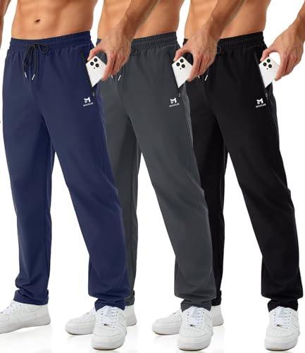 Minorlee Mens Joggers with Zipper Pockets Open Bottom Sweatpants for Men 3 Pack Lightweight Track Pants Men for Workout,Gym
