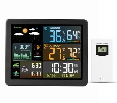 YVAAASIYC Color Weather Station Wall Dual Alarm Clock Digital Temperature Humidity Mointor Barometer Moon Phase Tide Indicator Sensor -40C