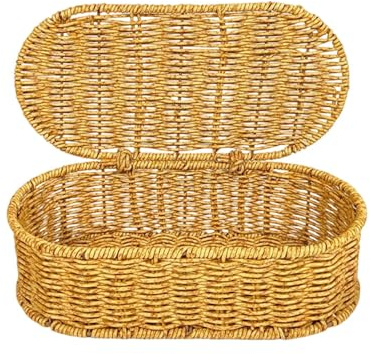 Cesta De Almacenamiento De Mimbre Con Tapa, Resistente Al Polvo, 28x14x9cm, Cestas Estrechas Rectangulares, Organizador De Bandejas Tejidas A Mano Decorativas, Diseño Que Ahorra Espacio, Para Baño Dor