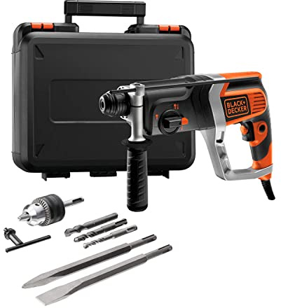 Black+Decker Pneumatischer Bohrhammer KD990KA – Kraftvoller SDS-Bohrhammer mit Zweithandgriff und 2,4 J Schlagenergie zum Bohren, Hammerbohren & Meißeln – 1 x Schlagbohrhammer 850 W Orange KD990KA-QS