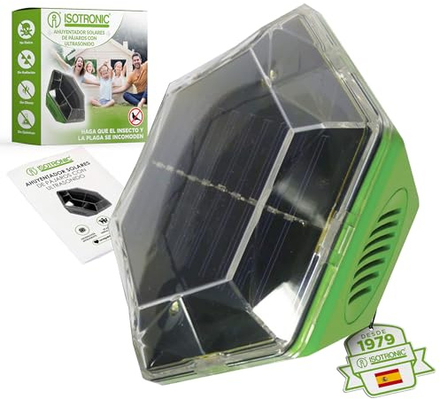 ISOTRONIC Répulsif Solaire Flash et ultrasons – Éloigne Pigeons et Oiseaux – Idéal Balcon et Jardin – Portée 150 m² – Protection Saine et Efficace (1 unité)