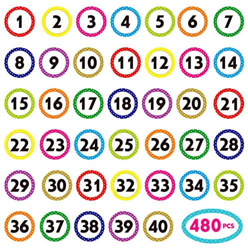 480 adesivi a pois con numeri da 1 a 40 per ufficio, casa, scuola (ognuno misura 2.5 cm di diametro).