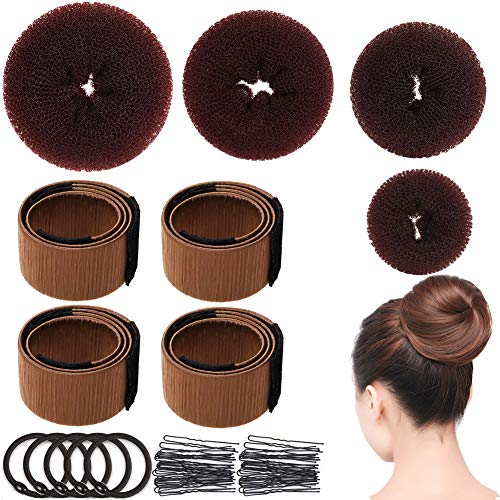 8 Pcs Hair Donut Bun Shaper Maker Tool Set with 4pcs Dark Brown Donut Bun Maker & 4pcs Foam French Twist Hairstyle Clip DIY Doughnuts, 5pcs Hair Bands, 50pcs Hair Pins for DIY Hair Styling Kit (Set 1)