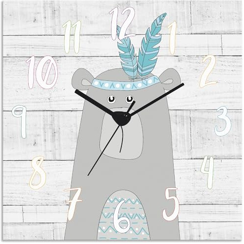 ARTLAND Wanddeko Wanduhr ohne Tickgeräusche aus Alu Kinderuhr Quarz Uhr lautlos 30x30 cm Lernuhr Kinder Indianer Bär Teddy Comic Junge Holzoptik Blau T9HE