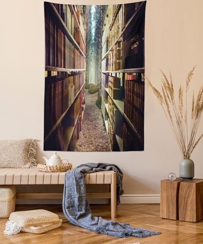 ABAKUHAUS Bücherregal Wandteppich und Tagesdecke, Zusammenfassung Bibliothek in Woods aus Weiches Mikrofaser Stoff Waschbar ohne Verblassen Digitaldruck, 140 x 230 cm,Kastanienbraun