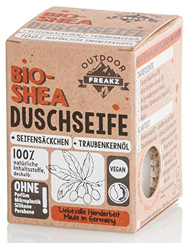 Bio Duschseife mit Seifensäckchen ohne Plastik und Palmöl (Shea)