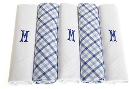 Surf the Shop Pack of 5 Mens Initial Embroidered White Handkerchiefs with Satin Border and Blue Check Handkies, Various Letters