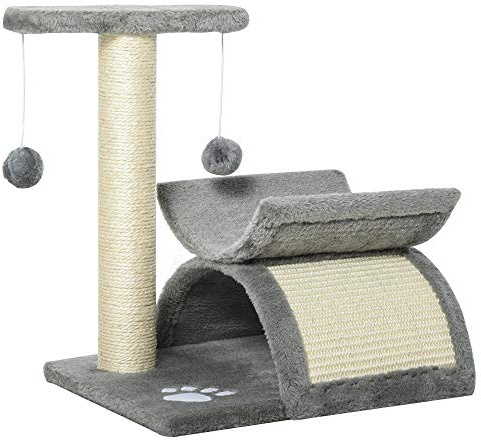 PawHut Kratzbaum 43 cm Kleiner Katzenbaum mit Tunnel Spielball Hellgrau | U-förmige Liegefläche, Katzenkratzbaum mit Kratzbrett, Katzenmöbel für kleine Katzen