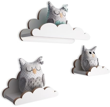 MOLILAND 3er Set Wandregal Kinderzimmer Weiß | Babyzimmer Wolkenregal für Bücher, Spielzeug und Dekoration | Regal Wolke aus Holz | Skandinavischen Stil | Schweberegal Wanddeko Jungle- Elegance