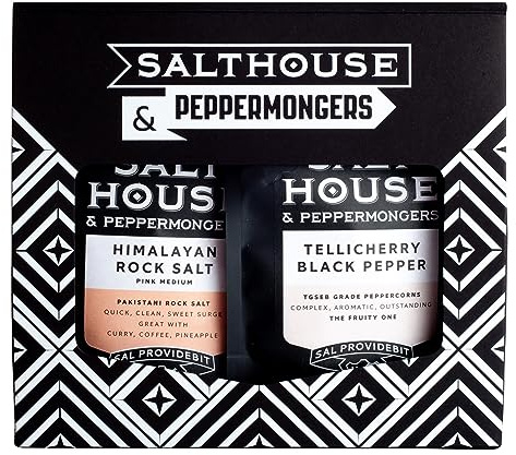 Salt and Pepper Mill Grinder Gourmet Re-fill Combo Himalayan Pink Rock Salt 100g and Tellicherry Black 50g Salthouse and Peppermongers