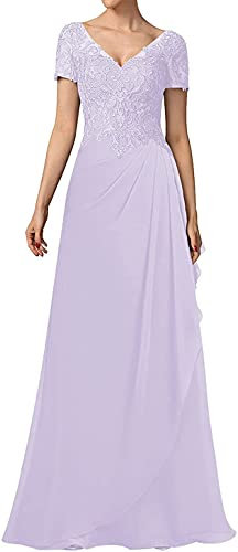 N/ C Kleid für die Brautmutter und Bräutigam, V-Ausschnitt, Spitzenapplikation, kurzärmelig, lang, formelles Abendkleid für Damen, Flieder, 54