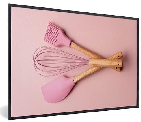 MuchoWow Poster encadré Ustensiles de cuisine - Rose - Pâtisserie Tableau deco avec cadre 60x40 cm affiche decoration murale