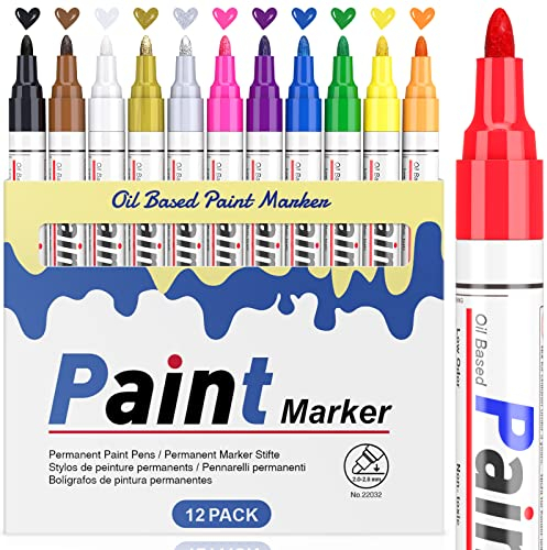 Permanent Marker Wasserfeste Stifte set: 12 Farben zum Steine Bemalen Permanent Marker Bunt Glasstift Lackstifte für Karton, Kunststoff, Holz, Metall,Keramik Tasse,Reifen