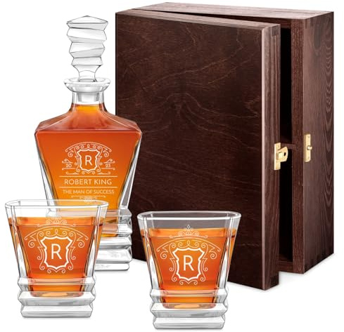 Maverton Engraved Whiskey Set for Man - Elegant Geometric Carafe with 2/4/ 6 Glasses for him - Geometric Set with Engraving - Customised Barware for Birthday - for Whisky Connoisseurs - Initial