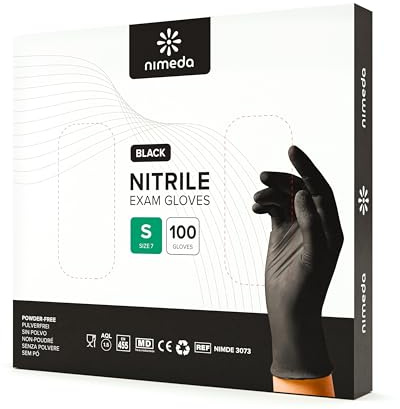 NIMEDA Einweghandschuhe für Lebensmittelbereiche, Medizin, Kosmetik und Haushalt Schwarz 100 Stück Nitrilhandschuhe Einmalhandschuhe Latexfrei Puderfrei (S)