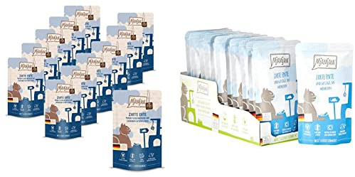MjAMjAM - Premium Nassfutter für Katzen zarte Ente pur, 12er Pack (12 x 125 g), getreidefrei mit extra viel Fleisch & Premium Nassfutter für Katzen Ente & Möhrchen, 12er Pack (12 x 125 g)