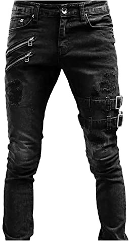 DGHM-JLMY Men's Motorcycle Personality Stretch Jeans Slim Fit Streetwear Pants Straight Leg Motorbike Riding Jeans (Black,28)