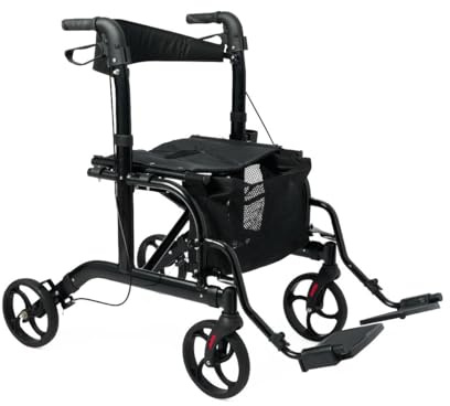 Medline Walker Transport Wheelchair Combo, Rollator Walker for Seniors with Seat, Foldable Transport Chair with Footrests, 18 Wide Seat, Black