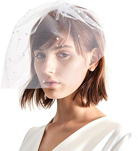 HKSCKJ Schleier Braut Hochzeit Brautschleier mit Kamm Brautschmuck Perlen Hochzeitsschleier Kurz Weich Tüll Elegant Kopfschmuck Mesh Fascinator Damen Haarschmuck JGA Cocktail Party Kirche Weiß