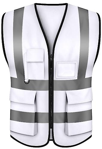 Top Tie Gilet di sicurezza bianco, gilet di comando incidente con 5 tasche e strisce riflettenti ad alta visibilità da 2 