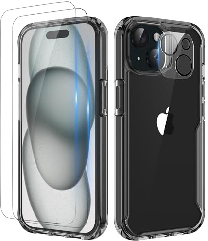 ORETECH Cover per iPhone 15, Custodia iPhone 15(6.1 Pollici), 2 Pezzi Pellicola Protettiva in Vetro Temperato & 1 Pellicola Fotocamera Antiurto Ultra Sottile Hard PC Silicone Cover - Nero