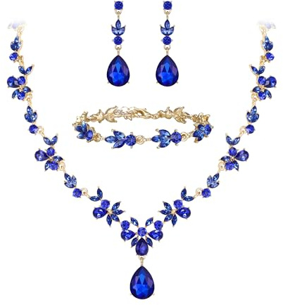 Clearine Juego de joyas de boda para mujer, collar en Y, pulsera de tenis, juego de pendientes y gota de cristal en forma de lágrima, marquesa, para novia, dama de honor, azul y tono plateado,