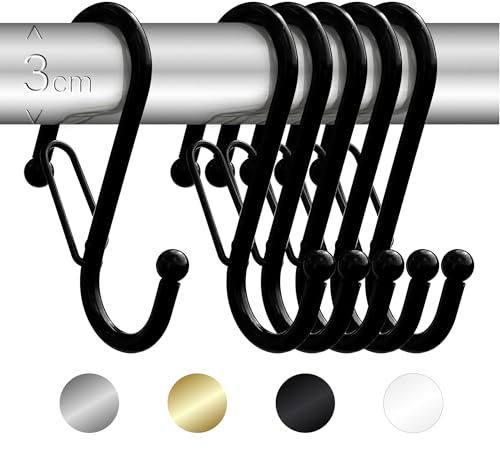 Blau Marité Pack de 6 Ganchos en S para Colgar – Gancho en S con Cierre de Seguridad Anticaída – Ganchos en Forma de Ese para Armario y Almacenaje – Para Barras de Hasta 3 cm Diámetro – Negro